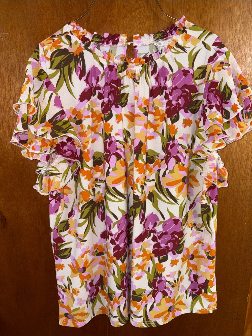 Cato Floral Ruffle Sleeve Top in White, Purple, Orange, Green